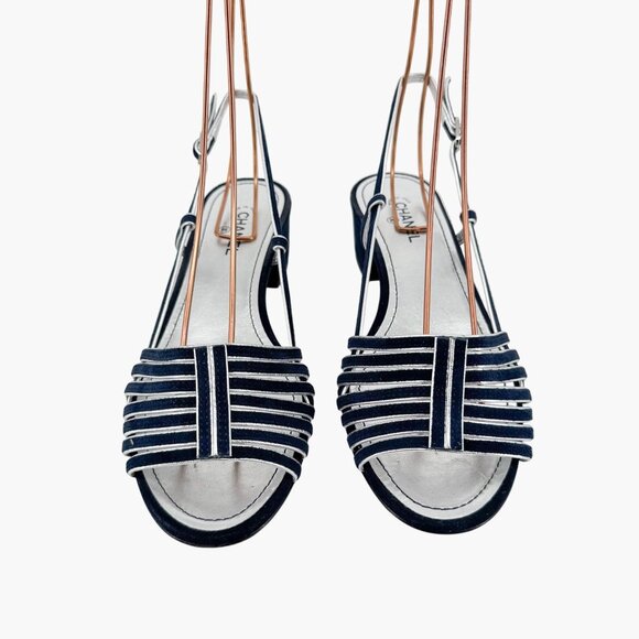 Chanel CC Strappy Slingback Sandals Block Heel Navy Blue Silver Size 37 US 6-6.5 - Picture 3 of 15
